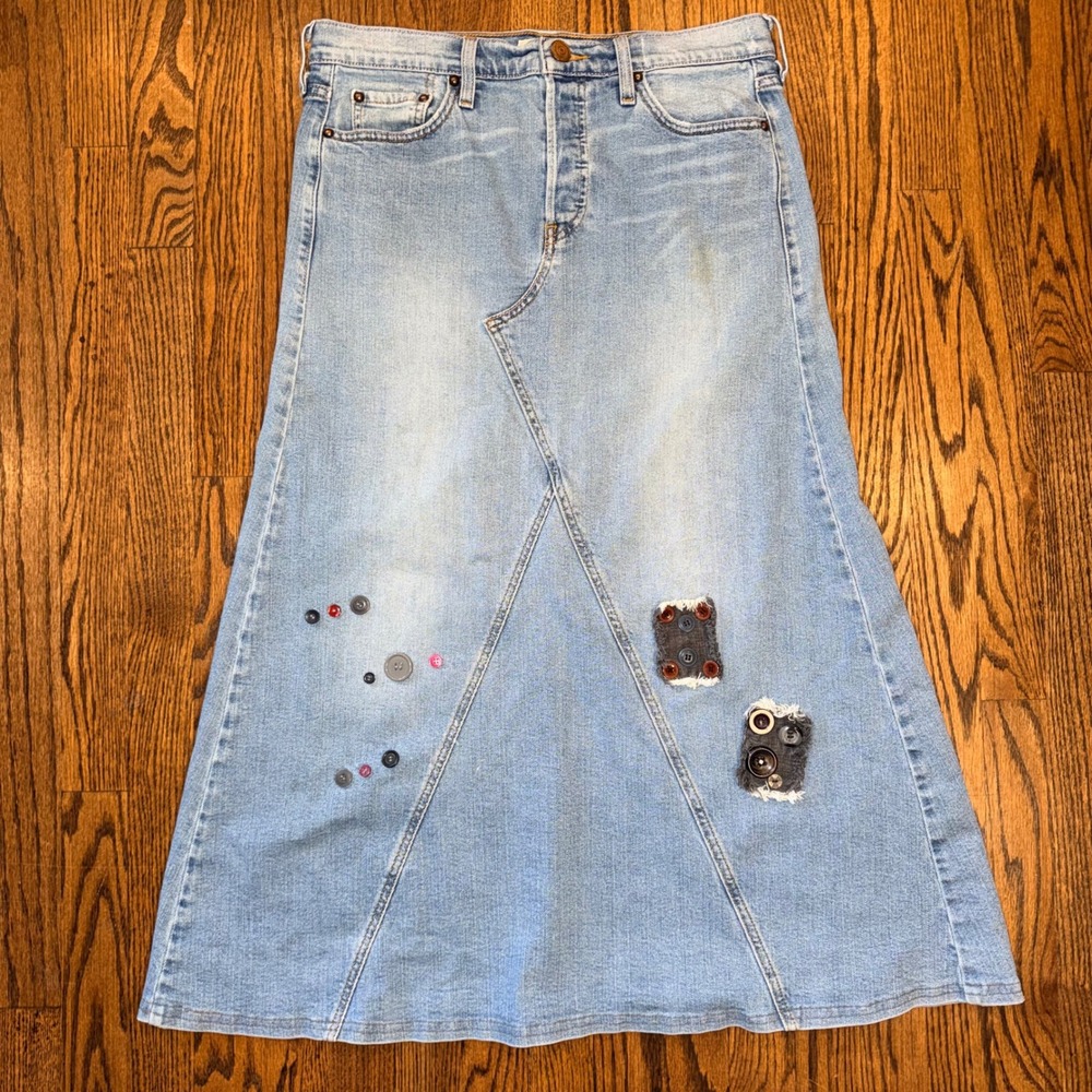 Levi's Vintage Denim Maxi Skirt Embellished Light Wash Blue Pink Stitching 32